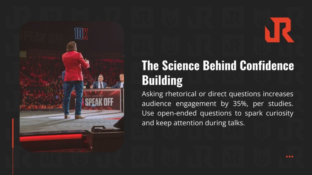 A speaker in a red jacket on stage at a "Speak Off" event, discussing the science behind confidence building, noting rhetorical questions boost audience engagement by 35%.