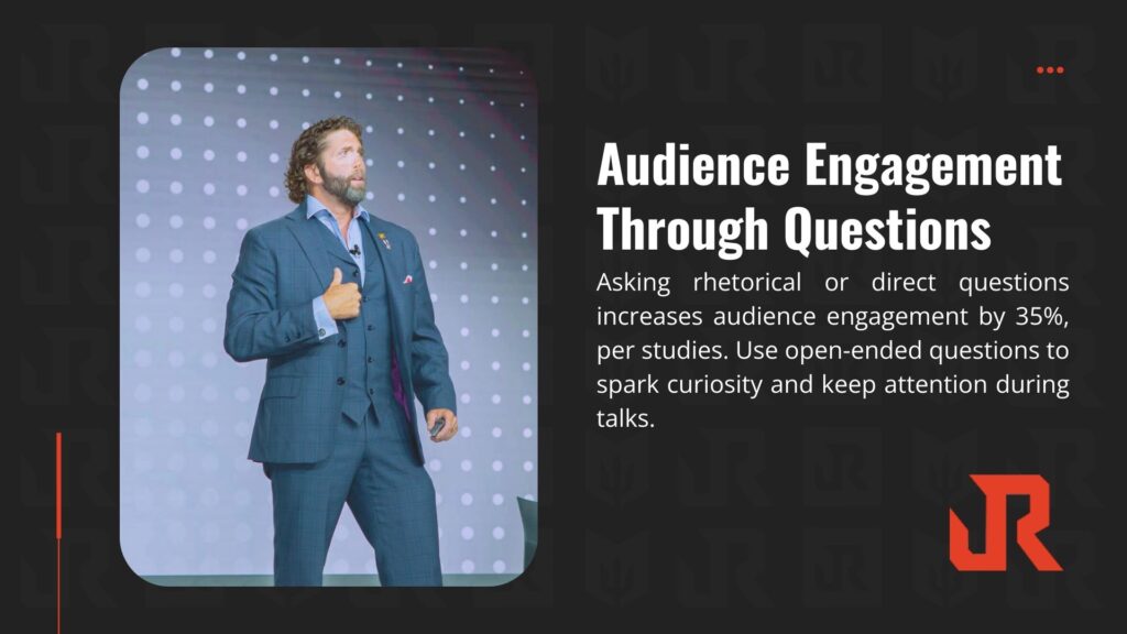 A speaker in a suit gestures on stage, emphasizing audience engagement through questions, with text stating rhetorical or direct questions boost engagement by 35% and open-ended questions spark curiosity during talks.