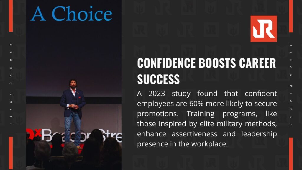 A speaker on stage at a conference with "Beacon" backdrop, promoting confidence boosting career success, highlighting a 2023 study on confident employees.