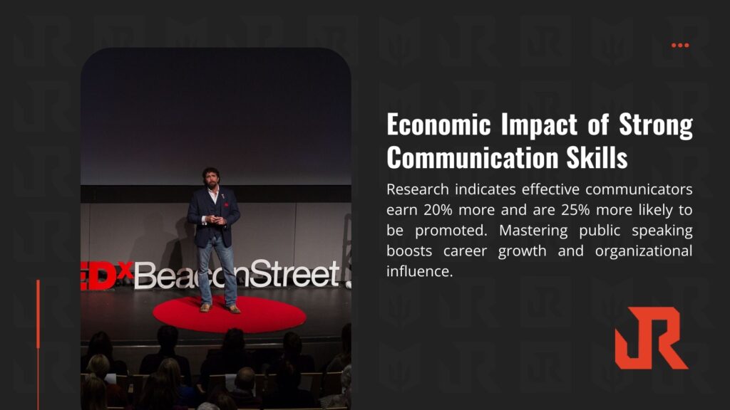 Image of a man speaking at a TEDxBeaconStreet event with an audience, with text noting research showing effective communicators earn 20% more and are 25% more likely to be promoted, boosting career growth.