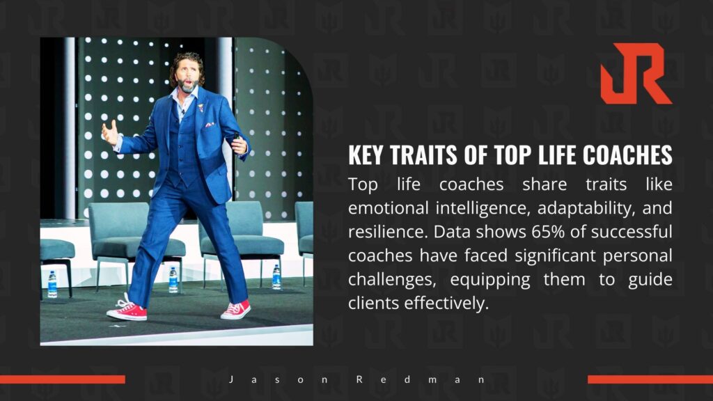 Image of a man in a blue suit speaking on stage, highlighting key traits of top life coaches like emotional intelligence and resilience, with 65% facing personal challenges.