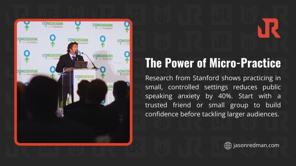 Image of a man speaking at a podium with a Concussion Foundation backdrop, with text citing Stanford research showing micro-practice reduces public speaking anxiety by 40%, suggesting starting with a trusted friend.