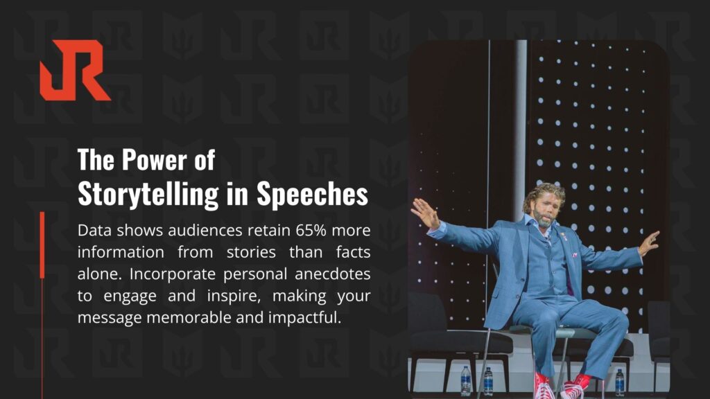 A speaker presenting on a stage, emphasizing the power of storytelling in speeches, with text highlighting that stories help audiences retain 65% more information than facts alone.