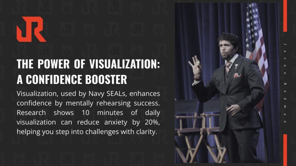A man in a suit speaking on stage about visualization, highlighting its role as a confidence booster used by Navy SEALs, with text noting a 20% anxiety reduction.