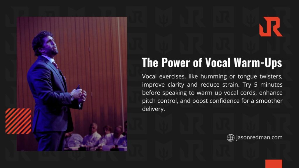 Image of a man speaking on stage, with text explaining how vocal warm-ups like humming or tongue twisters improve clarity, reduce strain, and boost confidence with 5-minute pre-speaking practice.