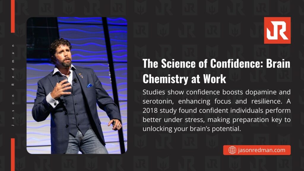 A man in a suit speaking on stage about confidence, with text explaining its brain chemistry effects, including dopamine and serotonin boosts.