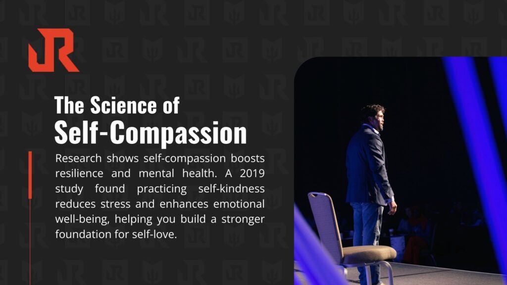 A speaker on stage discussing self-compassion, with text highlighting a 2019 study on its benefits for resilience and mental health.