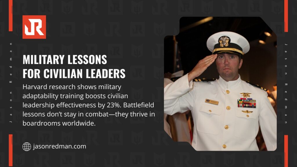 naval officer saluting in uniform, with text from jasonredman.com stating Harvard research shows military adaptability training boosts civilian leadership effectiveness by 23%, thriving in boardrooms worldwide.