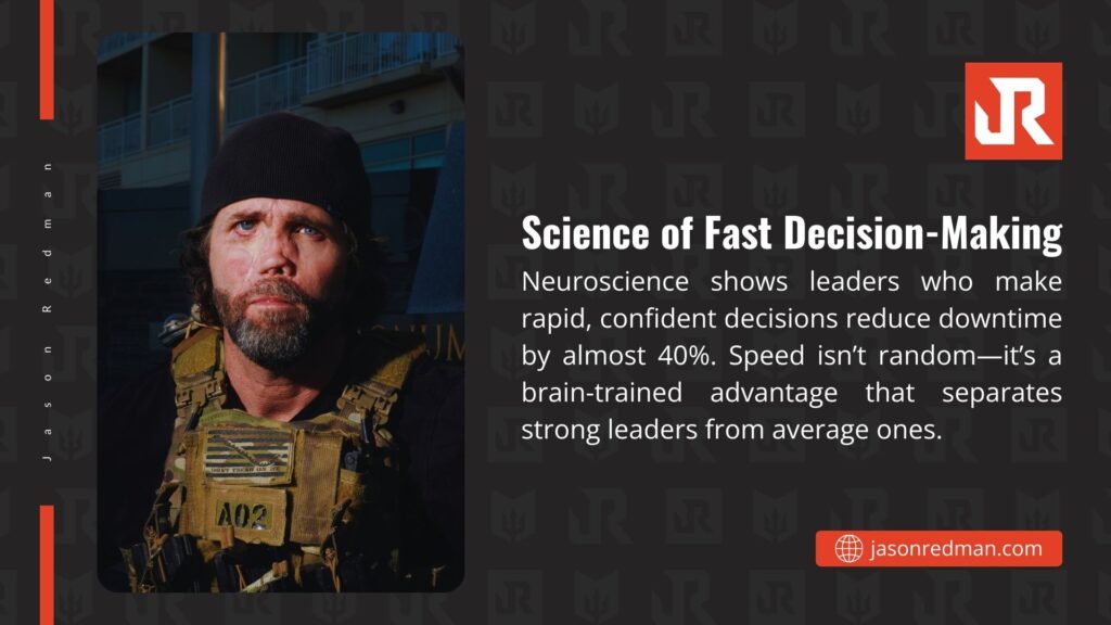 A man in military gear with a beanie, alongside text from jasonredman.com stating neuroscience shows leaders making rapid, confident decisions reduce downtime by almost 40%, a brain-trained advantage for strong leaders.