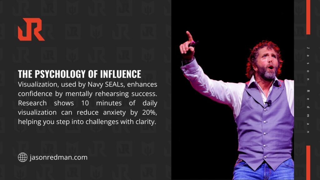 A person on stage gesturing, with text on the psychology of influence, noting Navy SEALs' use of visualization to boost confidence and reduce anxiety by 20% with 10 minutes daily.