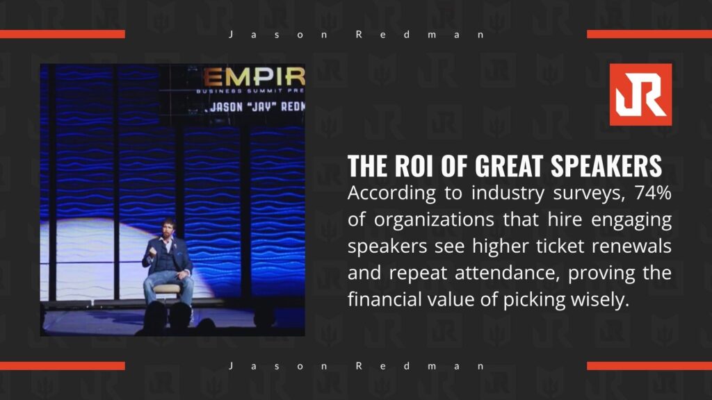 A speaker at the Empire Business Summit discussing the ROI of great speakers, highlighting 74% higher ticket renewals for organizations hiring engaging speakers.
