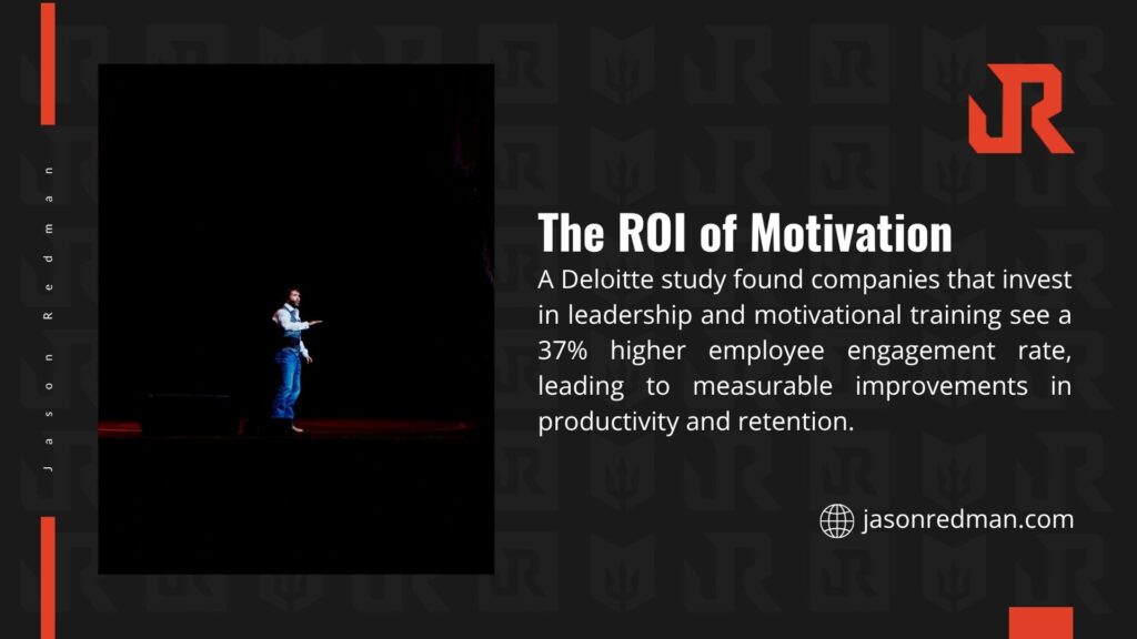 A person on stage presenting, with text highlighting a Deloitte study on motivation, showing a 37% higher employee engagement rate from leadership and motivational training.