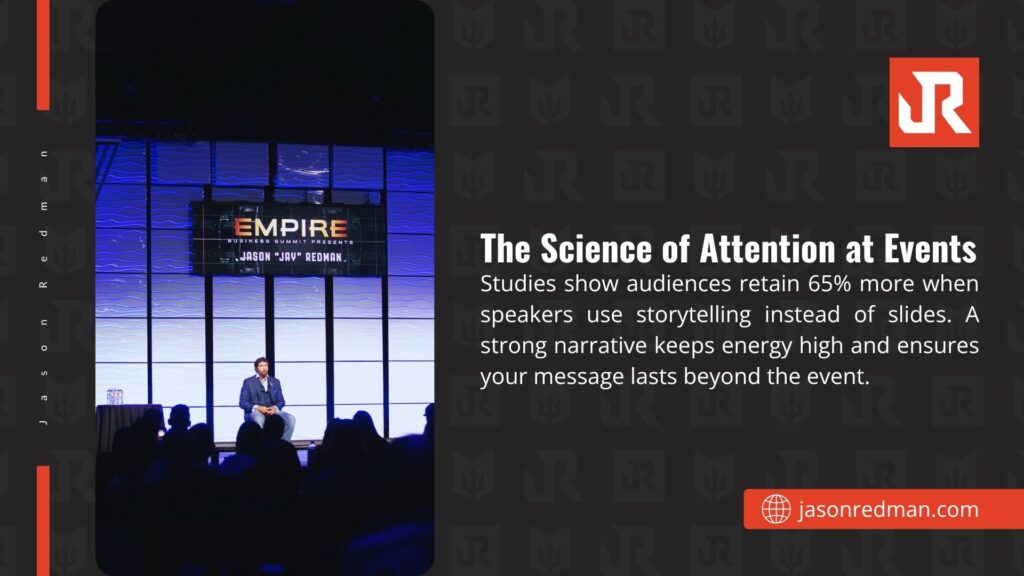 A speaker presenting at the Empire Business Summit, focusing on the science of attention, with an audience and a screen displaying "Empire" and "Jason 'Jay' Redman."
