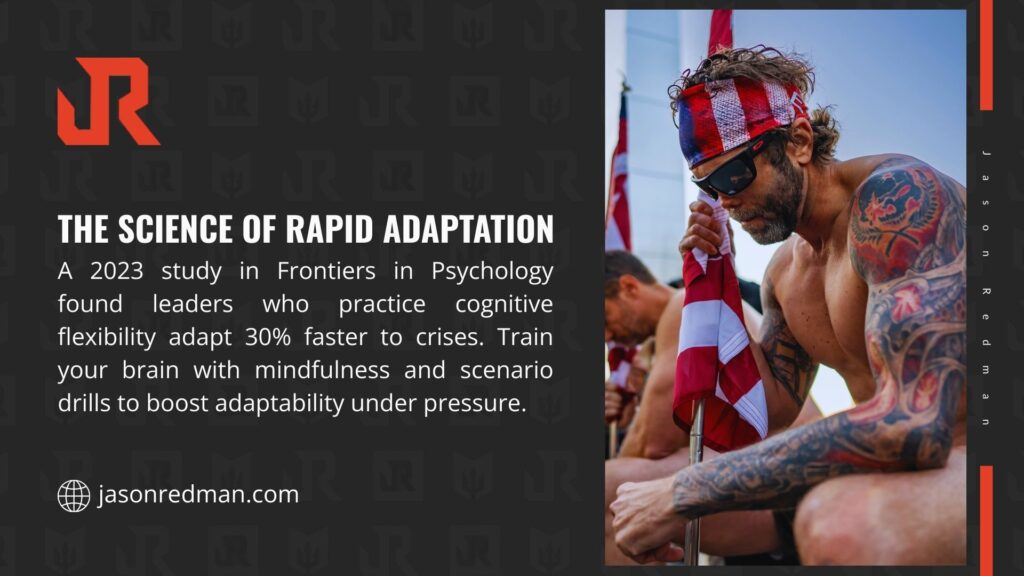 A tattooed man with an American flag bandana holding a flag, with text from jasonredman.com about a 2023 study showing cognitive flexibility helps leaders adapt 30% faster to crises.