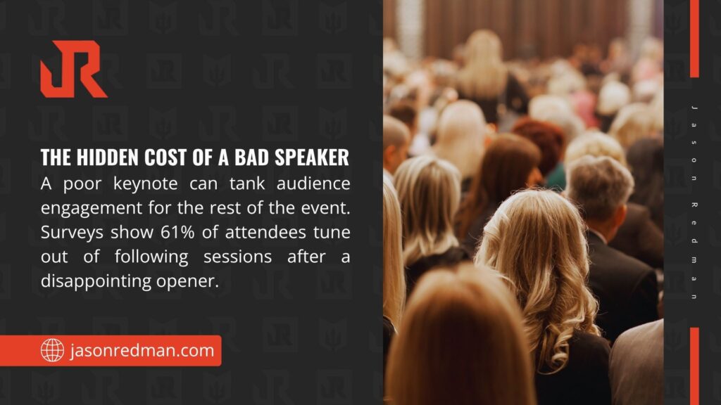 An audience listening with text noting a poor keynote can reduce engagement, with 61% tuning out after a disappointing opener.