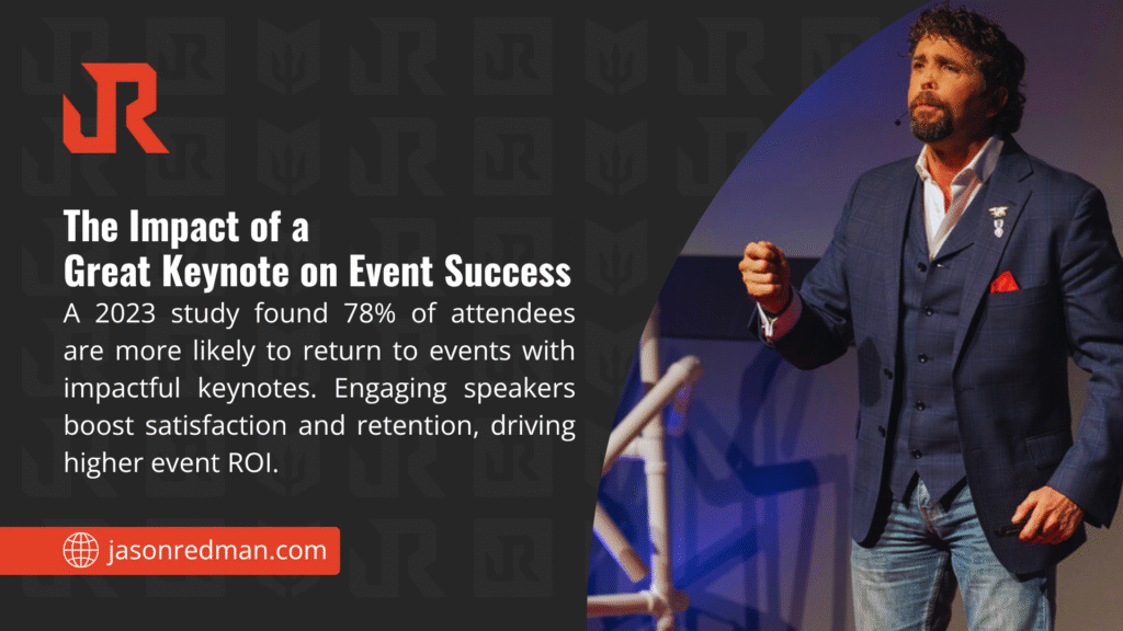  Speaker in suit giving a keynote, with a 2023 study showing 78% of attendees return due to impactful keynotes boosting event ROI.