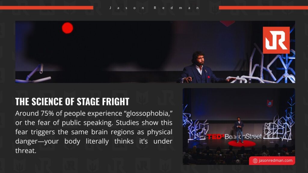 A man speaking on a TEDx stage with text explaining that 75% of people fear public speaking, triggering brain regions like physical danger.