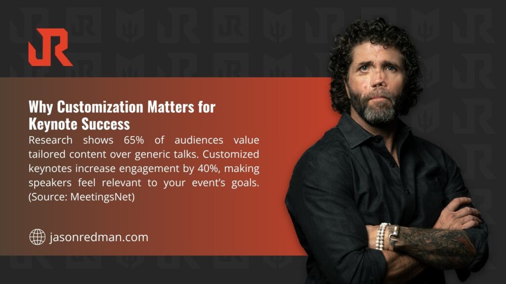 Image of a man with a tattooed arm and a bracelet, promoting the importance of customization for keynote success, highlighting 65% audience value and 40% engagement increase. (jasonredman.com)