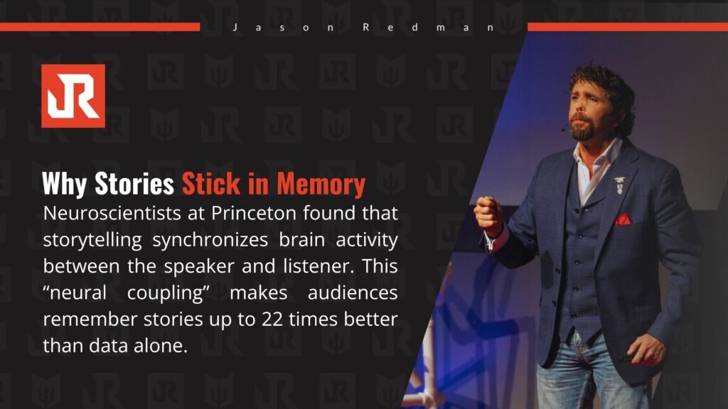 A man in a suit speaking on stage with text explaining that storytelling synchronizes brain activity, making audiences remember stories 22 times better than data.