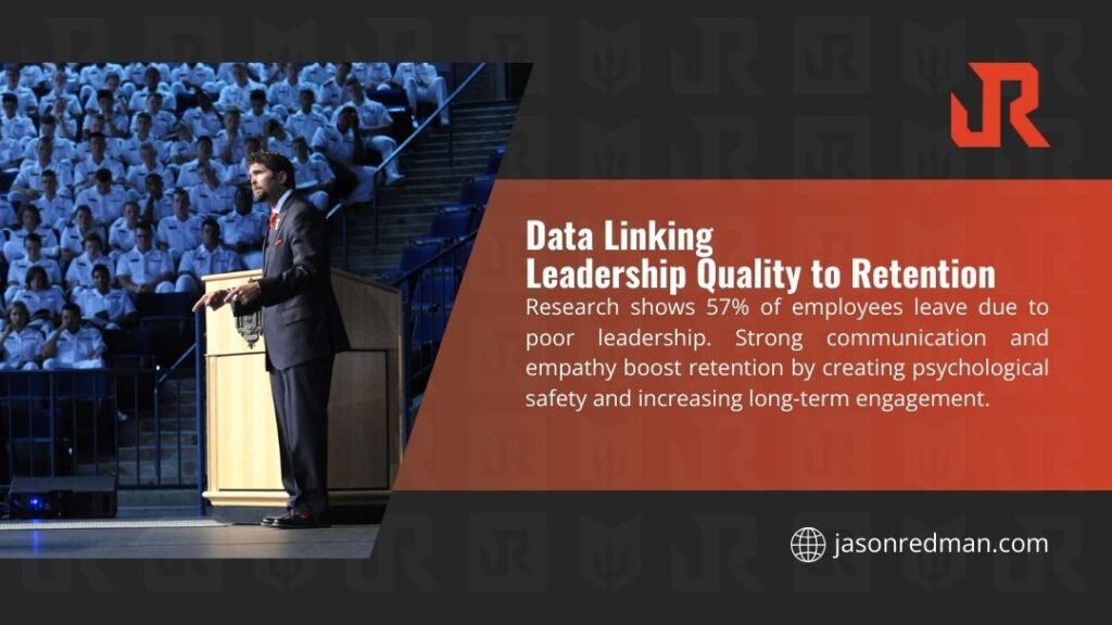 Jason Redman speaking on stage with graphic: "Data Linking Leadership Quality to Retention" – Research shows 57% leave due to poor leadership; communication & empathy create psychological safety & boost engagement.