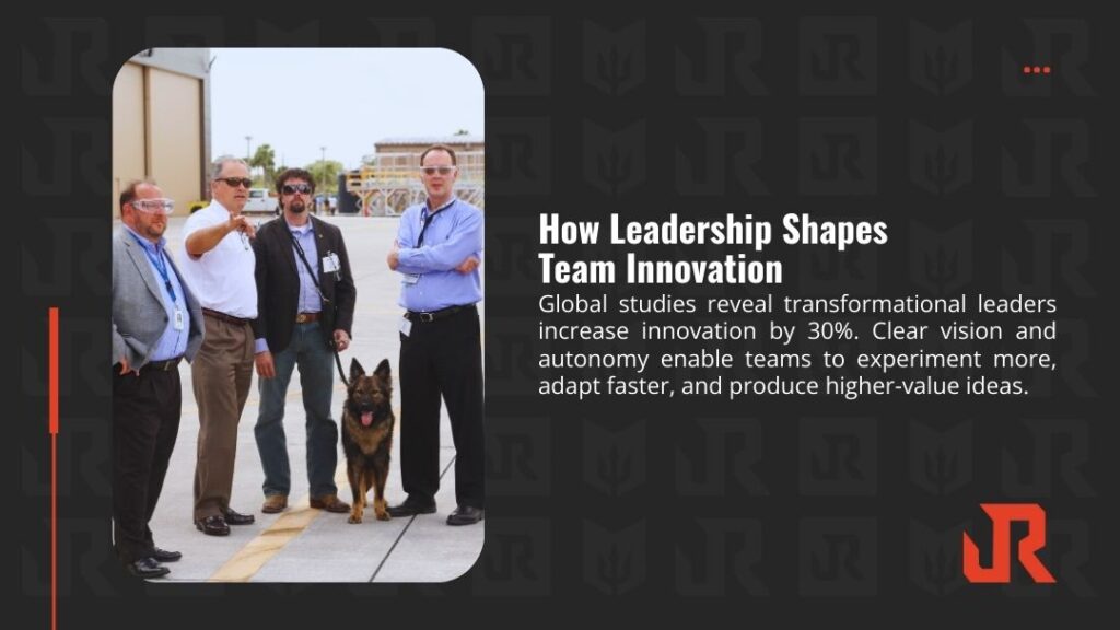 Group of men with German Shepherd outdoors; graphic: "How Leadership Shapes Team Innovation" – Global studies reveal transformational leaders increase innovation by 30% through clear vision and autonomy.
Turn on screen reader supportTo enable screen reader support, press Ctrl+Alt+Z To learn about keyboard shortcuts, press Ctrl+slashBanner hidden