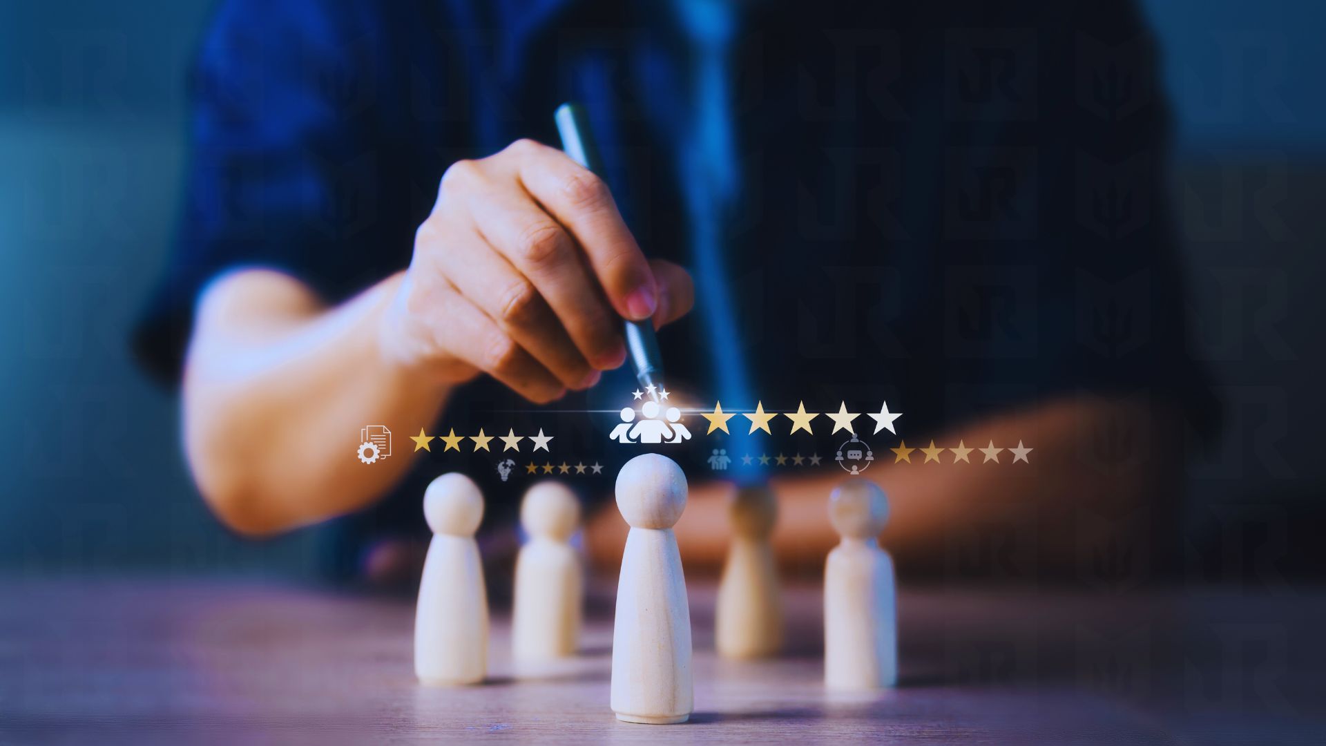 Hand drawing digital stars over wooden figures with holographic icons, illustrating employee performance ratings and leadership evaluation in team development.