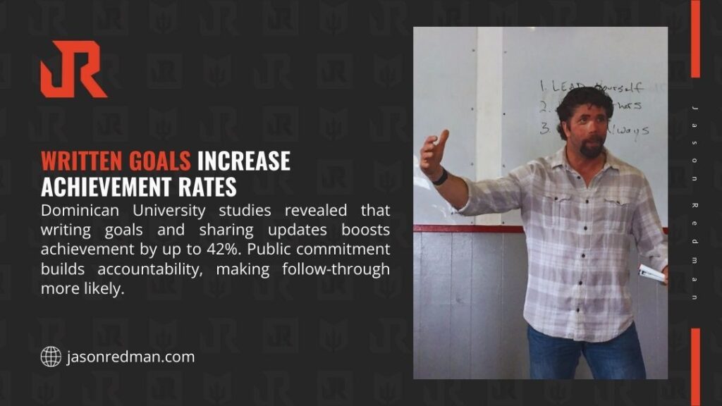 A man identified as Jason Redman, wearing a light-colored plaid shirt, stands next to a whiteboard and gestures while giving a presentation. Text next to him reads: "WRITTEN GOALS INCREASE ACHIEVEMENT RATES.