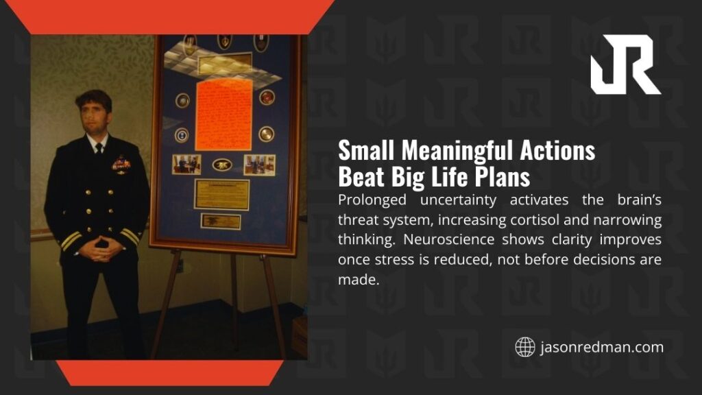 Military officer standing next to framed service memorabilia; infographic about small meaningful actions beating big life plans.