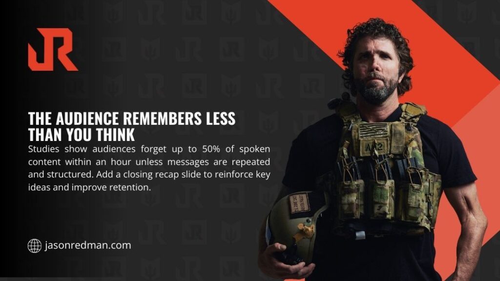 Jason Redman in tactical gear against red background, demonstrating how audiences retain only 50% of spoken content without repetition, emphasizing recap slides for improved message retention.