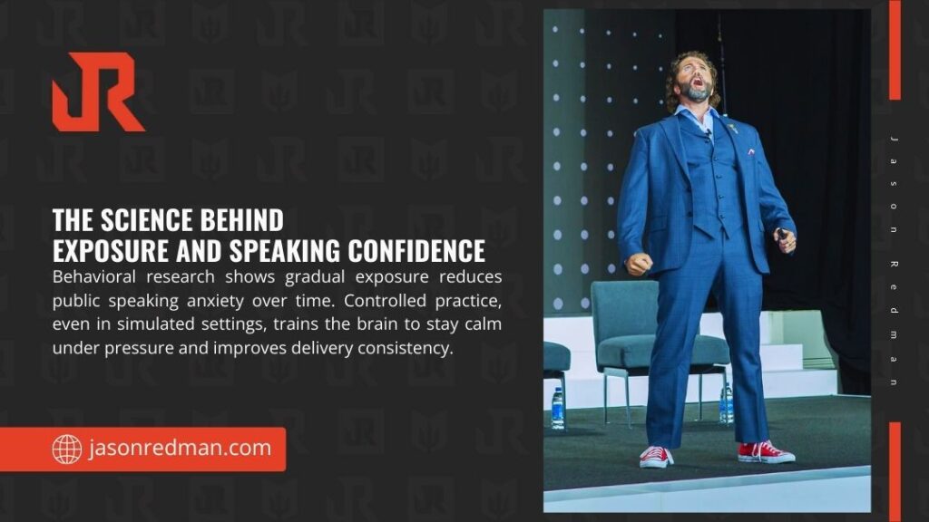 Confident speaker presenting on stage at conference; infographic about science behind exposure and speaking confidence by Jason Redman.