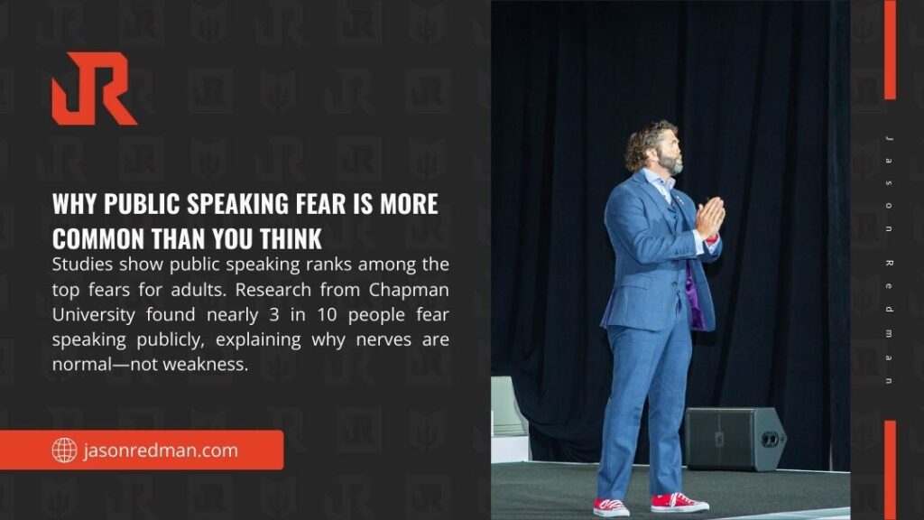 Man speaking on stage at conference; infographic about why public speaking fear is more common than you think by Jason Redman