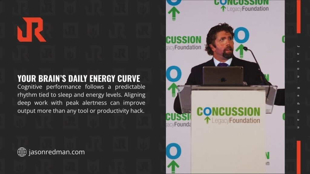 Jason Redman standing at a podium with laptop, addressing the audience about how sleep and energy levels drive predictable daily cognitive performance.