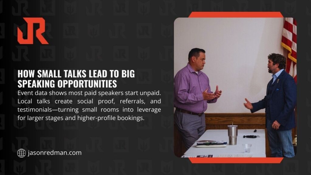 Two men engaged in conversation at professional event, illustrating how small local talks create networking opportunities and social proof leading to bigger speaking engagements