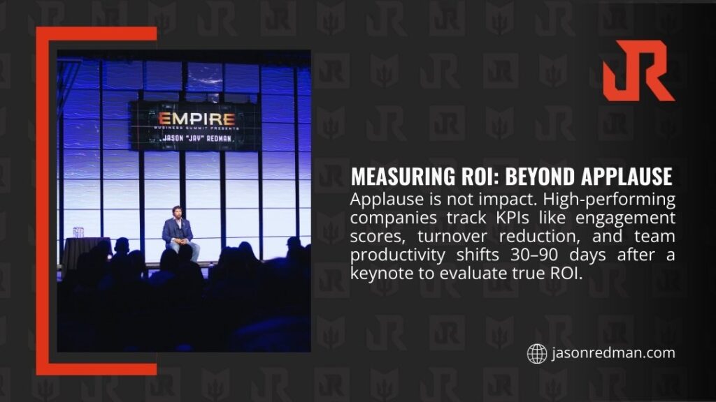 Keynote speaker on stage at Empire event with audience silhouettes, illustrating ROI measurement through engagement and productivity metrics