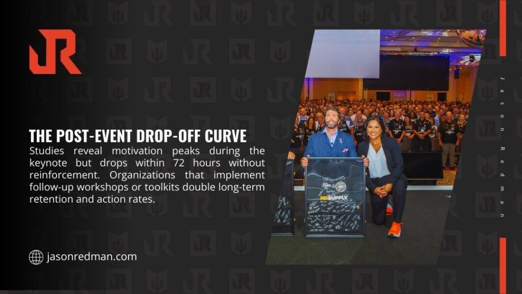 Event speakers holding signed poster in front of audience, illustrating post-event motivation drop-off within 72 hours without reinforcement