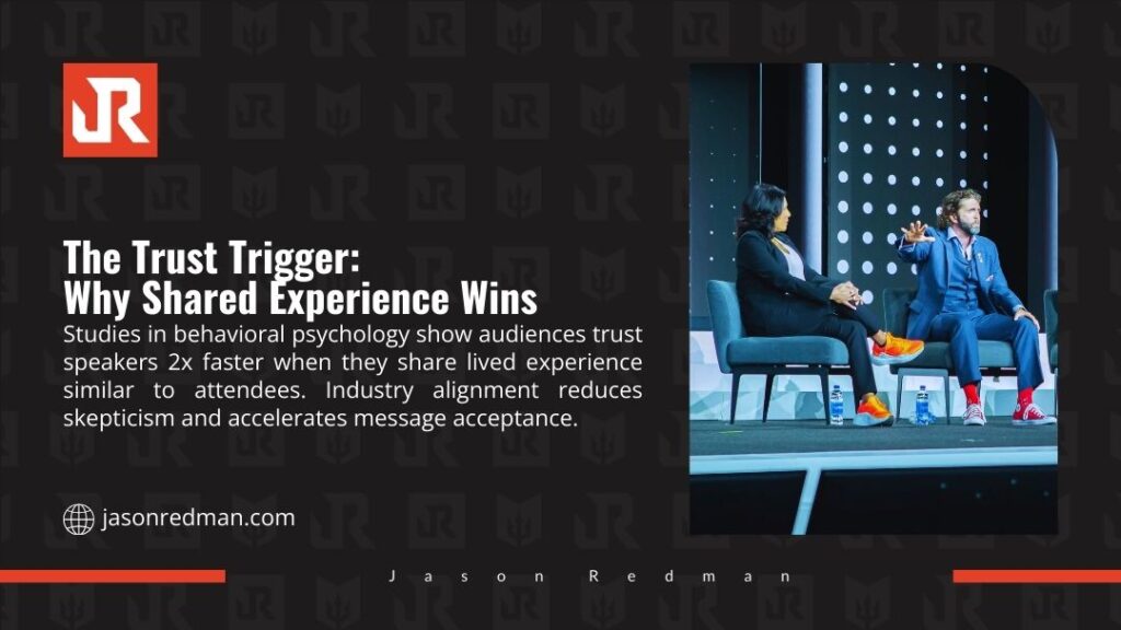 Jason Redman infographic showing speakers on stage discussing trust trigger, behavioral psychology studies reveal audiences trust speakers 2x faster when they share lived experience similar to attendees