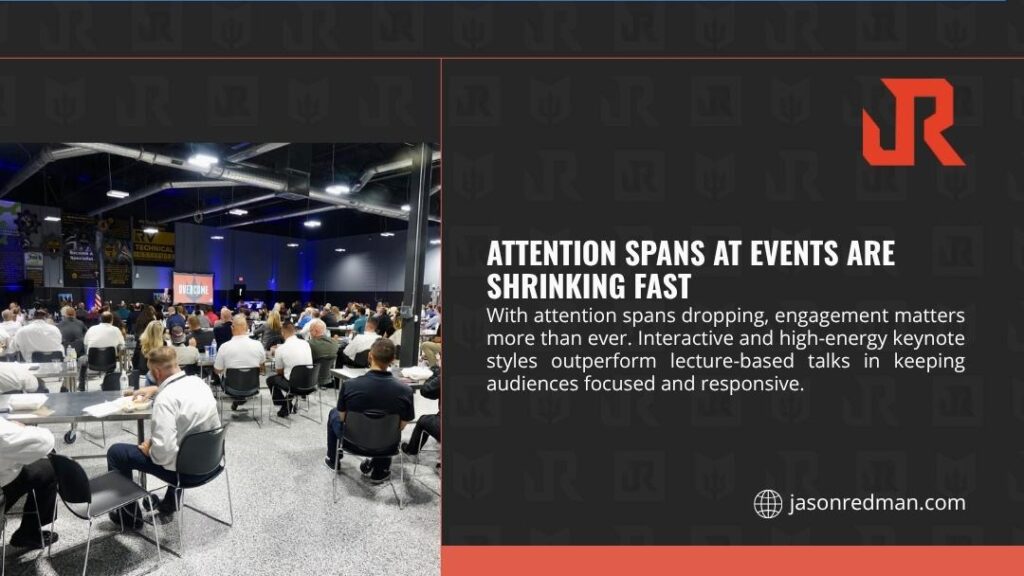 Types of Keynote Speakers - Large corporate event audience seated at tables watching a keynote presentation, illustrating how shrinking attention spans demand more engaging speaker formats.