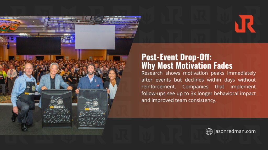 Speaker and organizers holding signed memorabilia in front of a packed corporate event audience, highlighting why post-event follow-up prevents motivation drop-off.