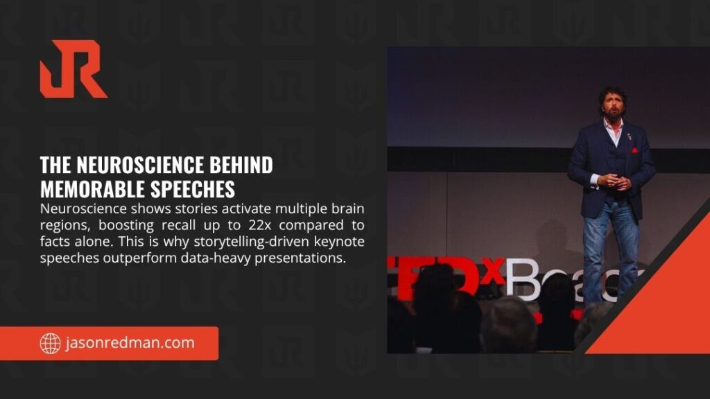 Speaker delivering a keynote on a TEDx stage, illustrating how neuroscience-backed storytelling makes speeches more memorable than data-heavy presentations.