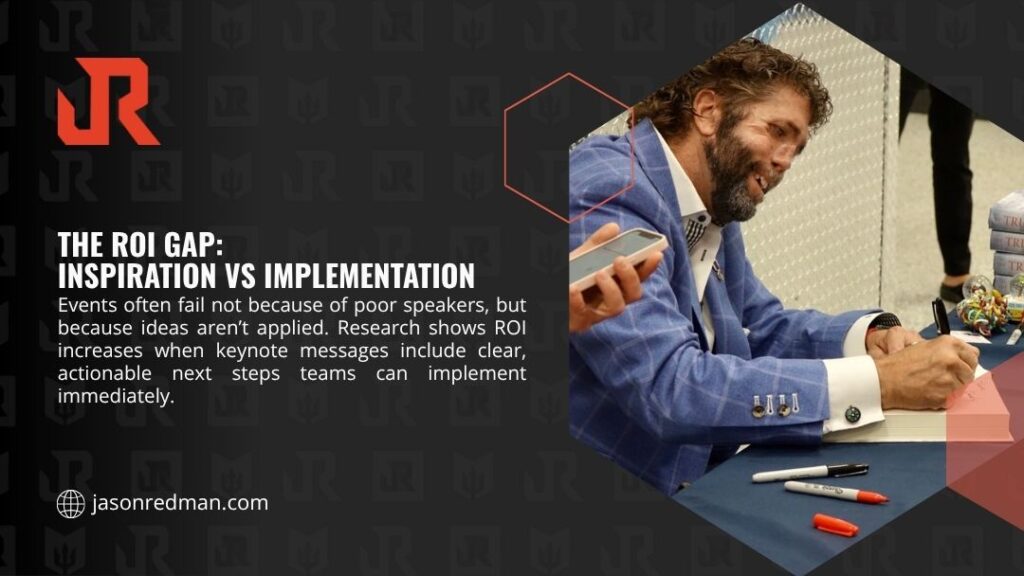 Speaker signing books at a post-event table, representing the ROI gap between audience inspiration and the actionable implementation needed to drive real results.