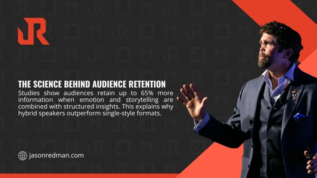 Keynote speaker gesturing expressively on stage, illustrating how combining emotion and storytelling improves audience retention by up to 65%.