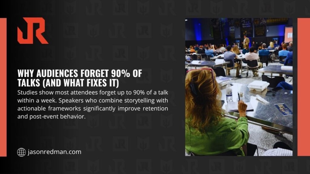 Attendee taking notes at a large conference while a speaker presents on stage, illustrating why audiences forget 90% of talks without storytelling and actionable frameworks.