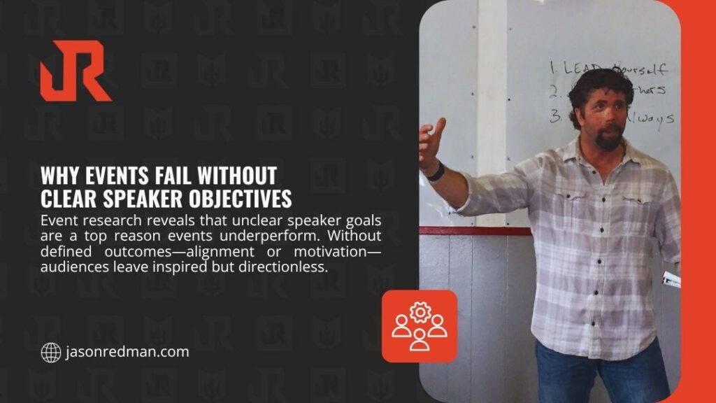 Speaker pointing to a whiteboard with leadership principles during a workshop, illustrating why clear speaker objectives are critical to event success.