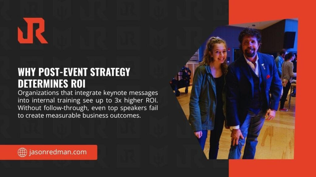 Speaker connecting with an attendee after an event, illustrating why a strong post-event strategy is essential for maximizing keynote ROI.
