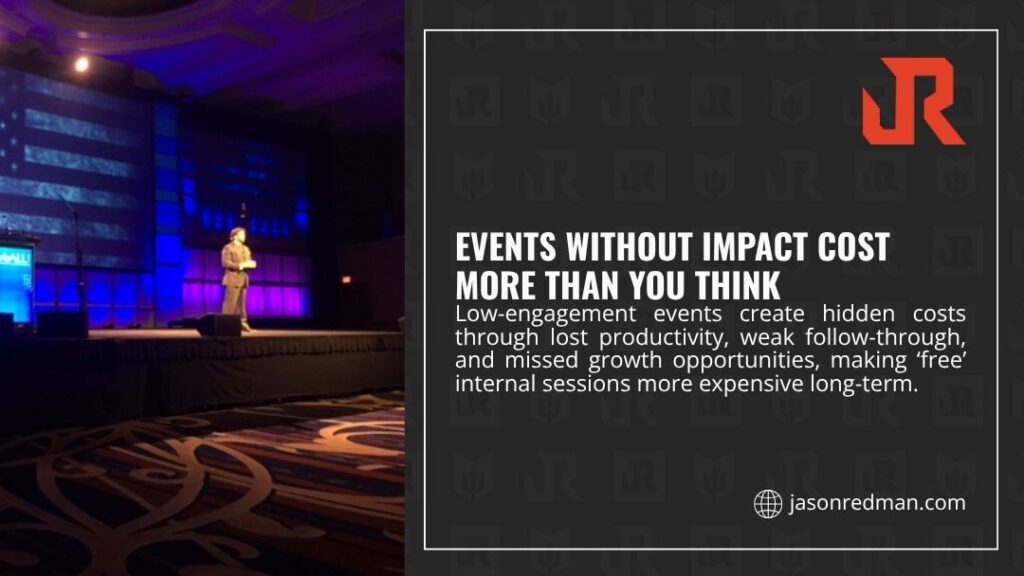 Lone speaker on dimly lit ballroom stage with sparse audience — events without impact cost more than you think through lost productivity and missed growth.