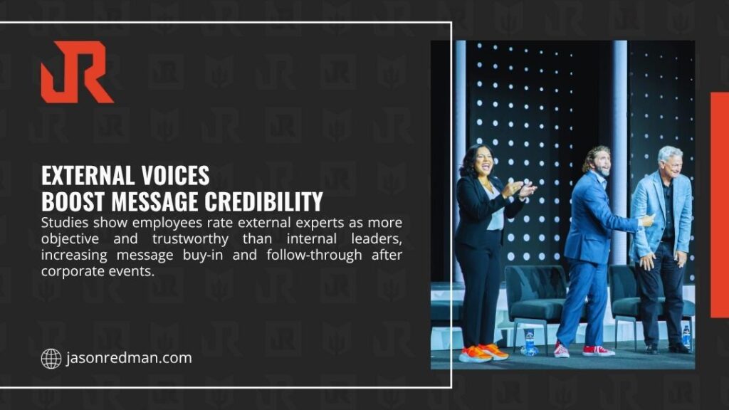 Three speakers celebrating together on conference stage — external voices boost message credibility and increase employee buy-in at corporate events.