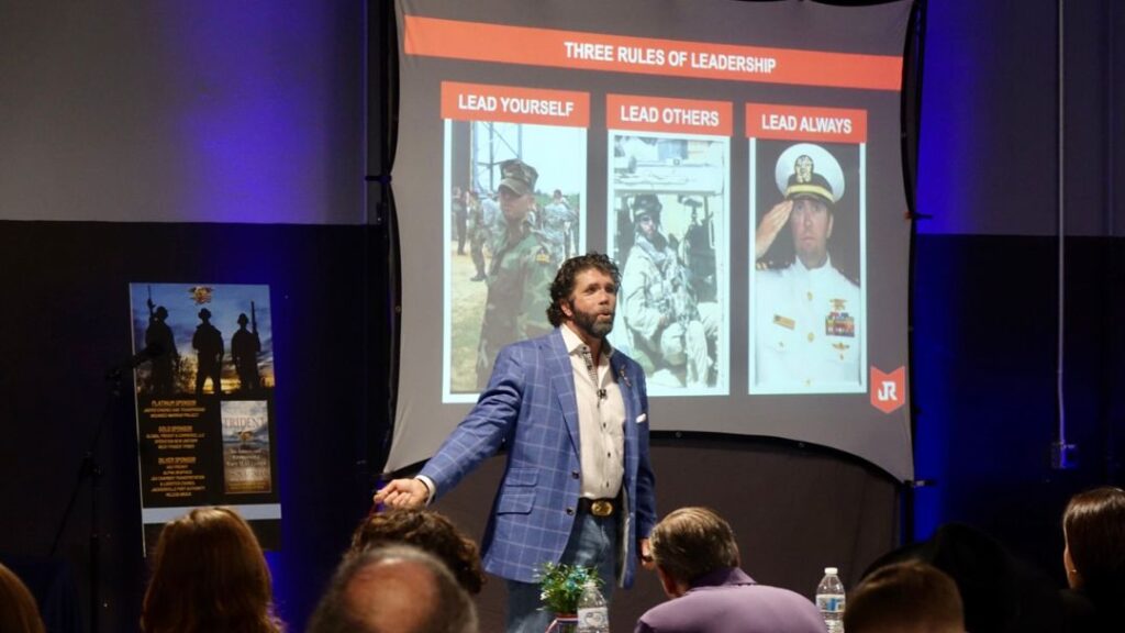 Jason Redman presenting Three Rules of Leadership slide to live audience — how to vet a keynote speaker that actually builds elite teams.