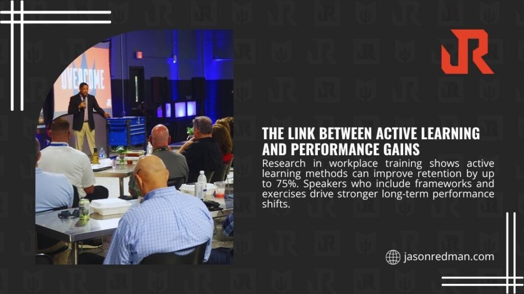 Speaker presenting Overcome framework to engaged workshop audience — the link between active learning and performance gains improving retention by 75%.