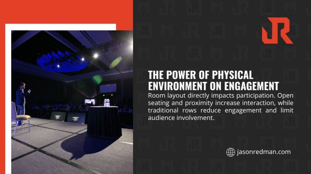 Keynote speaker on large stage addressing packed ballroom audience — the power of physical environment on engagement through room layout and seating.