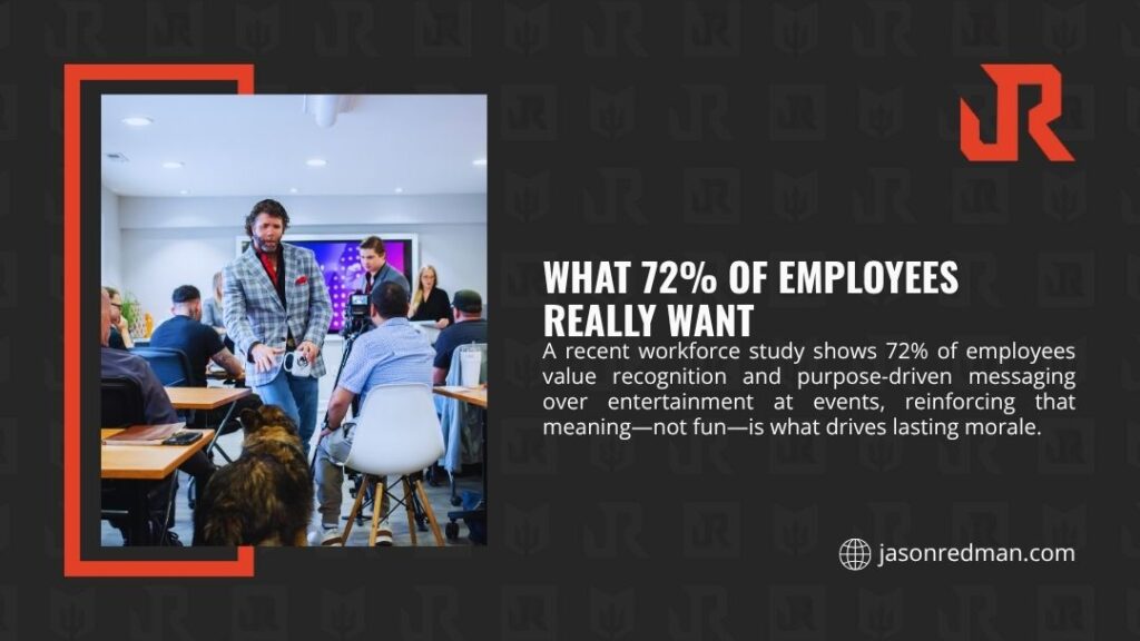 Motivational speaker engaging small corporate workshop group — what 72% of employees really want is recognition and purpose-driven messaging over entertainment.